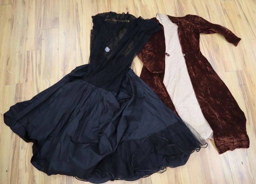 A black net 1950s evening dress petticoat and a quilted crushed velvet 1940s coat